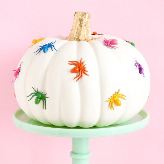 Foto de abóbora decorada com aranhas de brinquedo para o Halloween.