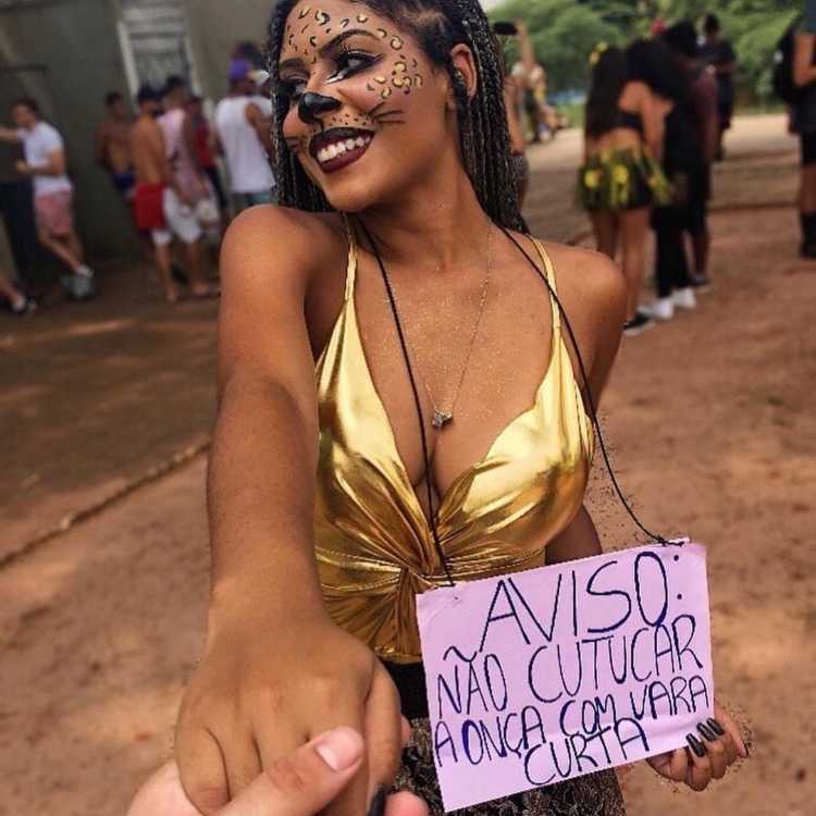 Mulher de pele negra com maquiagem de onça e plaquinha de Carnaval "Aviso: não cutucar a onça com vara curta".
