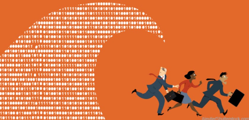 Ilustração de executivos fugindo de uma onda de dados - O que são tendências