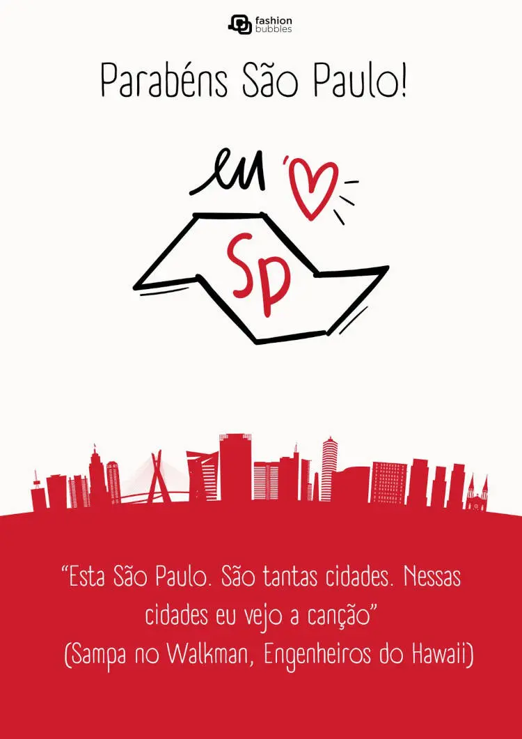 Cartão virtual de fundo bege com prédios em vermelho, contorno do estado de SP e frase: “Esta São Paulo. São tantas cidades. Nessas cidades eu vejo a canção” Parabéns, São Paulo! (Sampa no Walkman, Engenheiros do Hawaii)