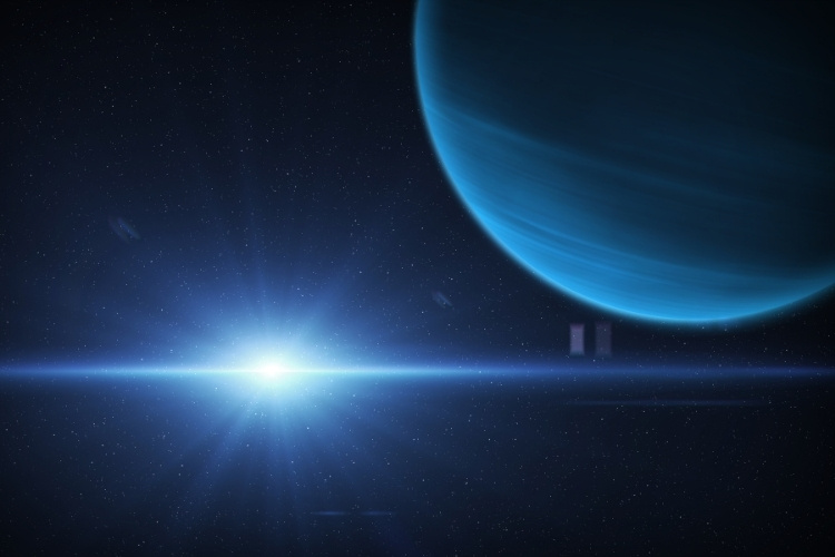 Foto do planeta Netuno em céu estrelado