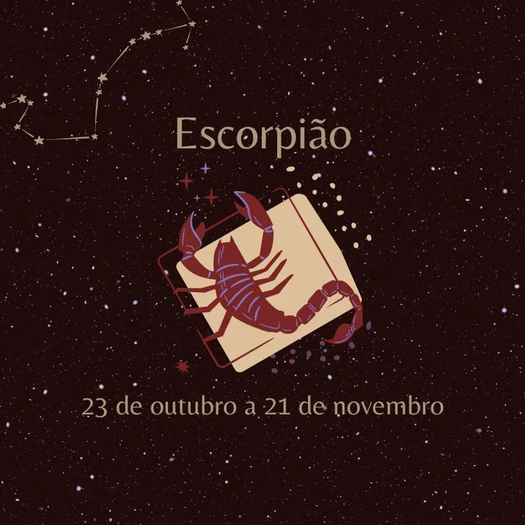 fundo estrelado com o símbolo e as datas do signo de Escorpião