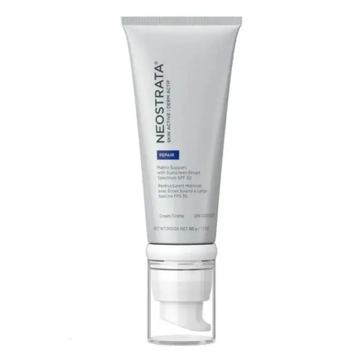 A imagem mostra um tubo de creme Neostrata Skin Active Dermal Repair. O produto é um suporte de matriz com FPS 30 de amplo espectro, pesando 50g ou 1,7 oz, projetado para reparo da pele. O tubo é branco e cinza, com uma bomba transparente na parte inferior.

