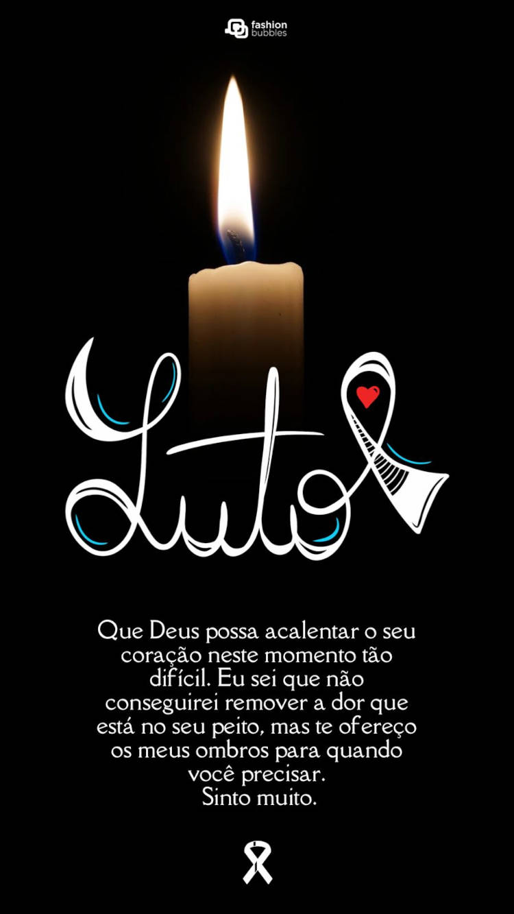 Frase de sinto muito: Que Deus possa acalentar o seu coração neste momento tão difícil. Eu sei que não conseguirei remover a dor que está no seu peito, mas te ofereço os meus ombros para quando você precisar. Sinto muito. Cartão virtual de fundo preto com foto de vela acesa e frase "Que Deus possa acalentar o seu coração neste momento tão difícil. Eu sei que não conseguirei remover a dor que está no seu peito, mas te ofereço os meus ombros para quando você precisar. Sinto muito."