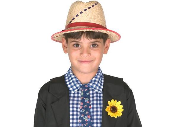 Menino de pele clara usando chapéu de palha, camisa xadrez azul e branca, paletó preto, girassol no bolso e gravata azul de flor