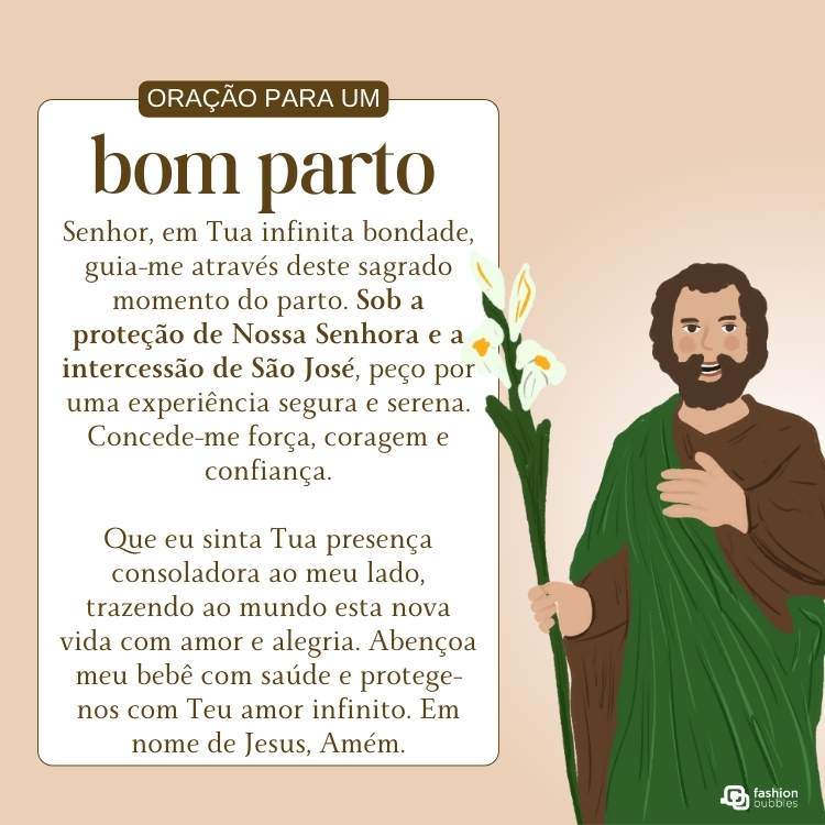 Oração para um bom parto com intercessão de Nossa Senhora e São José, escrita em fundo bege com imagem de São José.