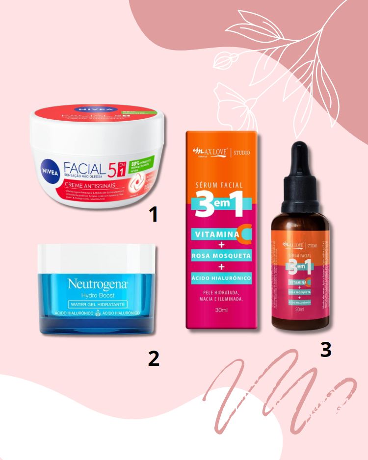 Montagem com 3 itens de hidratação facial para comprar na Amazon - skincare