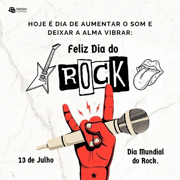 Card de fundo bege com mão chifrada vermelha e frase:  Hoje é dia de aumentar o som e deixar a alma vibrar: feliz Dia do Rock!