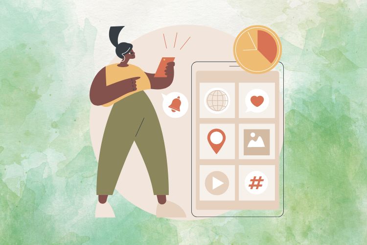 ilustração de mulher olhando o tempo de uso do smartphone