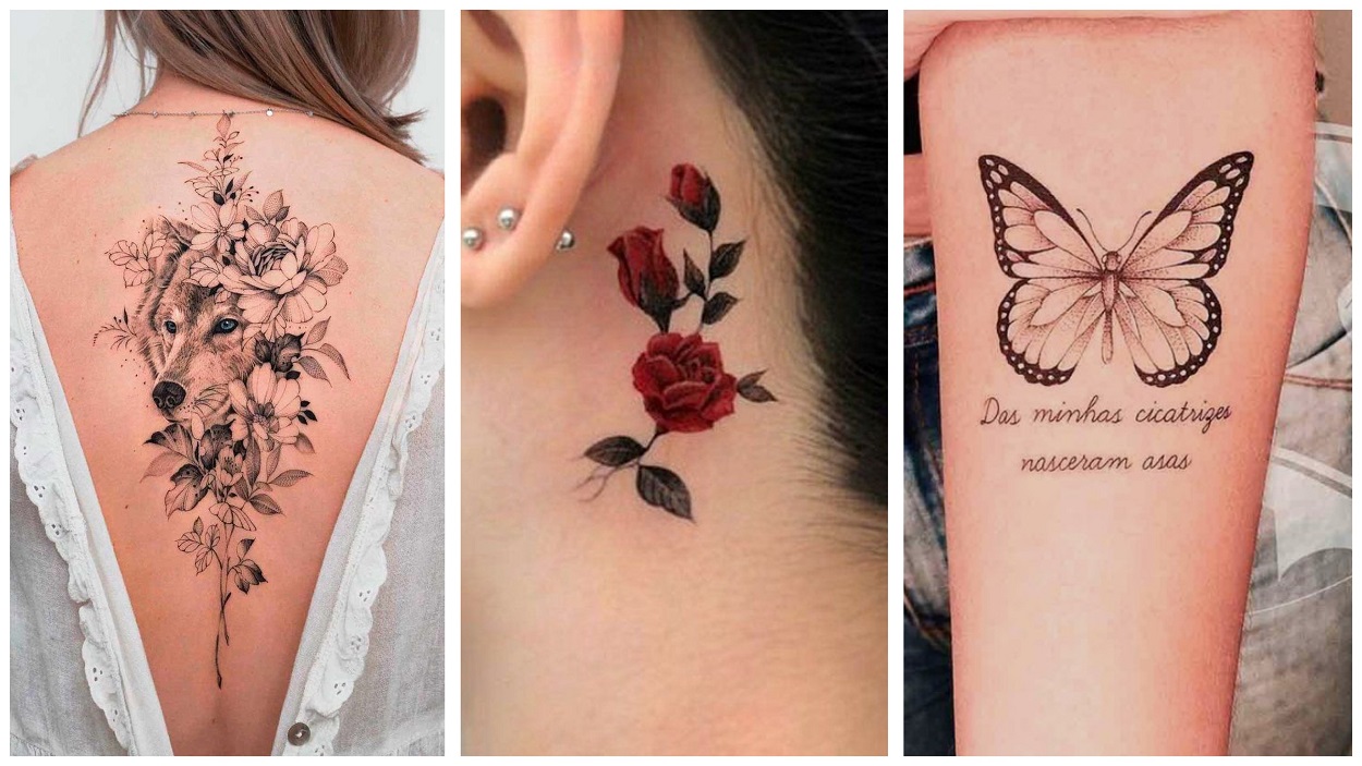 Montagem com tatuagens nas costas, de flores atrás da orelha e de borboleta no braço 