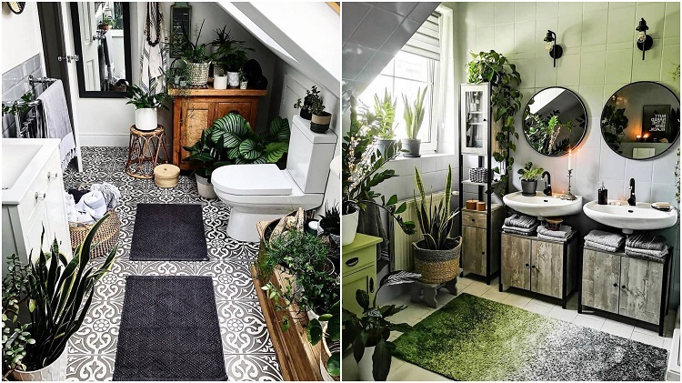 dois banheiros decorados com plantas, um deles com azulejos branco e preto e outro com móveis rústicos e espelhos redondos