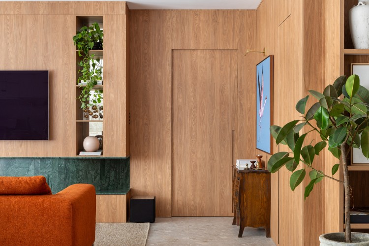Parte da sala em painel de madeira com nichos com vasos, quadro, cômoda e parte do sofá terracota 