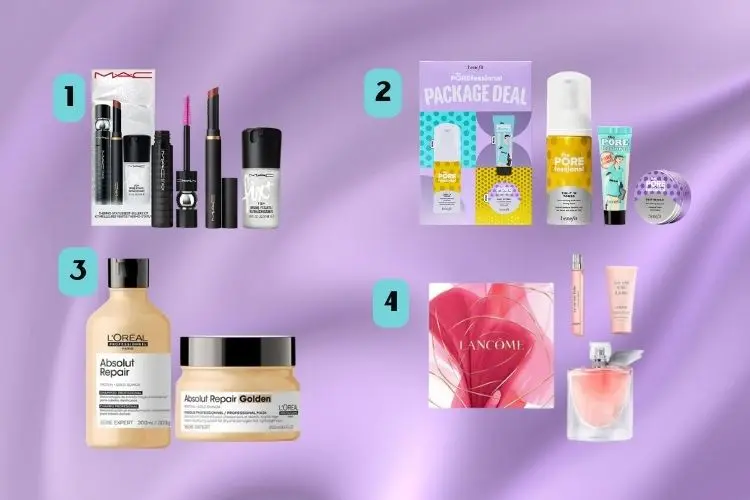 Montagem de fundo lilás com fotos de kits de cosméticos, com kit de produtos da Mac, Benefit, Loreal e Lâncome.