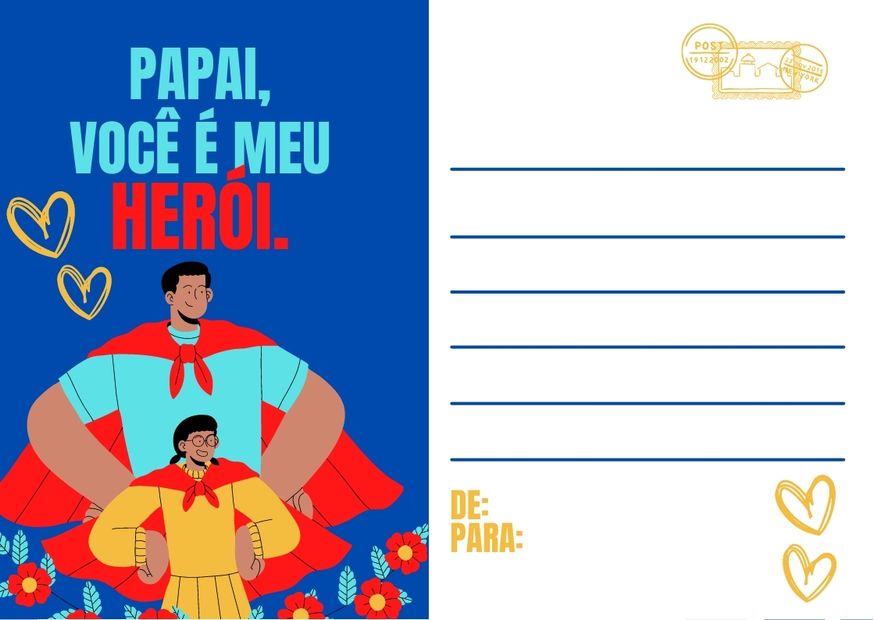 cartão para dia dos pais de fundo branco com desenho de pai e filho fantasiados de super heroi e espaço para escrever 