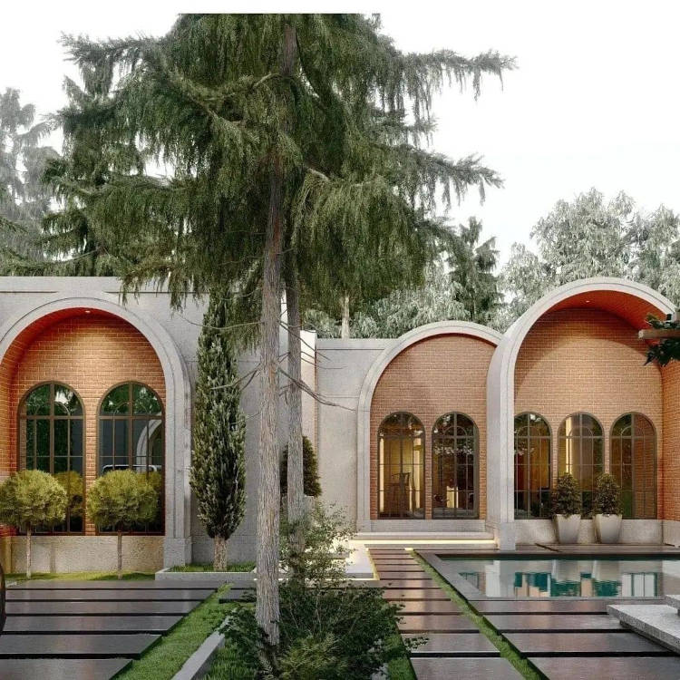 Fachada de casa moderna com arcos.