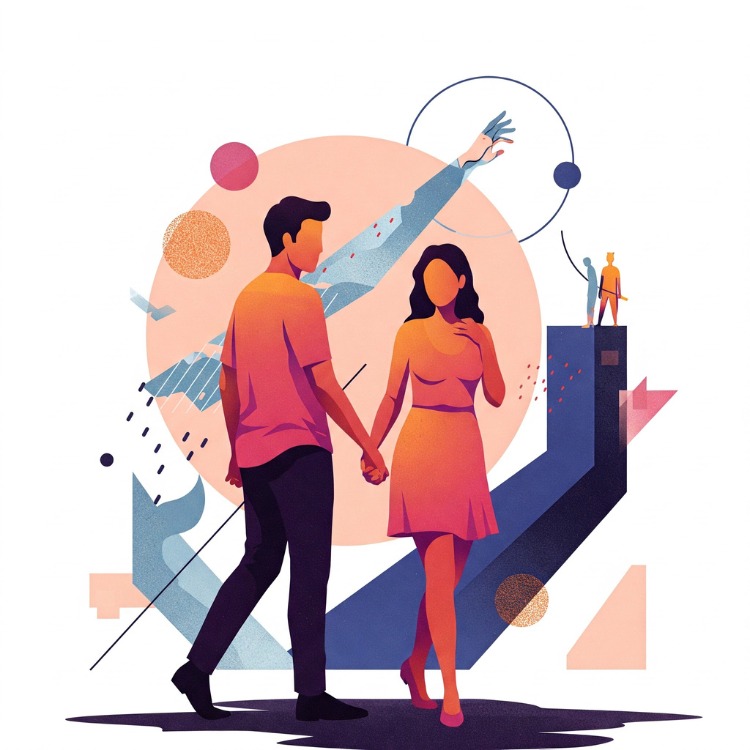 Desenho de homem e mulher de mãos dadas e formas geométricas ao fundo 