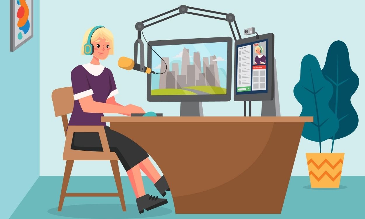Imagem da uma jornalista apresentando um podcast informativo.