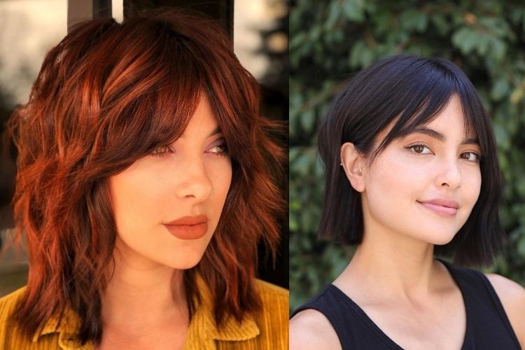 Duas mulheres com corte shaggy hair e blunt cut com franja cortininha