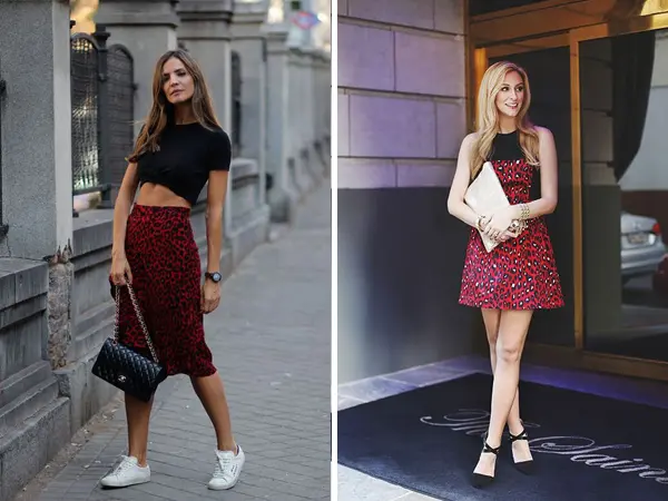 Montagem com duas fotos de mulheres de pele clara. Uma usa cropped preto com saia midi de onça vermelha e outra usando vestido preto e animal print onça vermelho