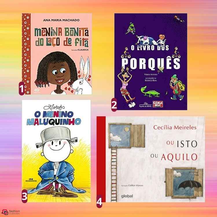 montagem de fundo colorido com 3 livros para o dia das crianças