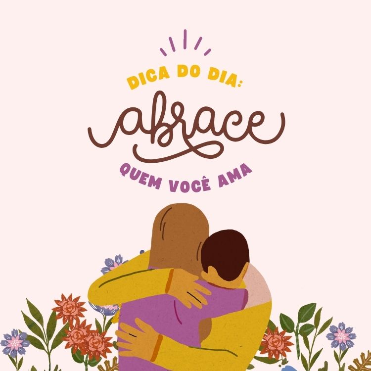 Frase de dia do abraço escrita em fundo rosa com desenho de pessoas se abraçando
