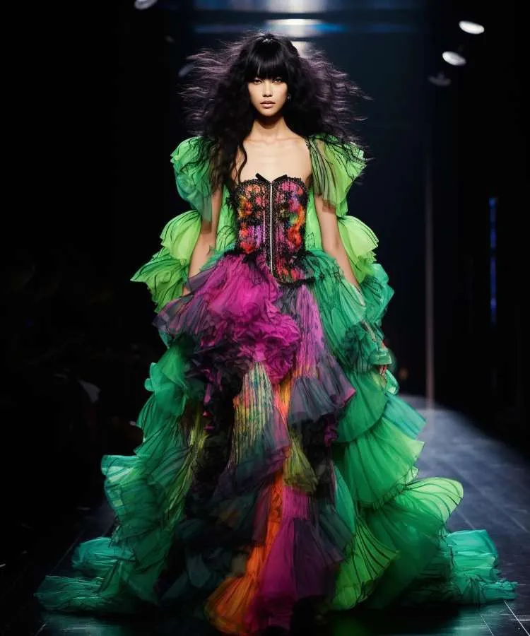 Um modelo com cabelo bagunçado na passarela, vestindo um vestido dramático. O corpete estilo espartilho com estampa floral colorida e uma saia volumosa de várias camadas em tons de verde, roxo e laranja, cria uma silhueta exuberante.

