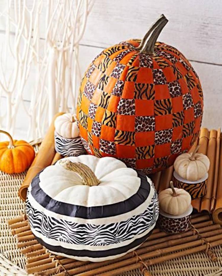 Foto de abóboras decoradas com estampas de animais.