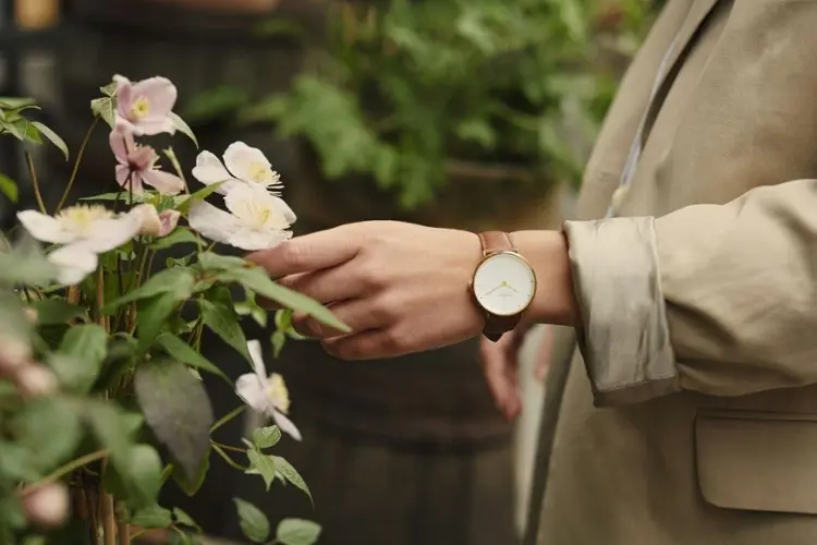 Foto de mulher usando blazer cáqui e relógio com pulseira minimalista enquanto mexe em arbusto de flores rosas