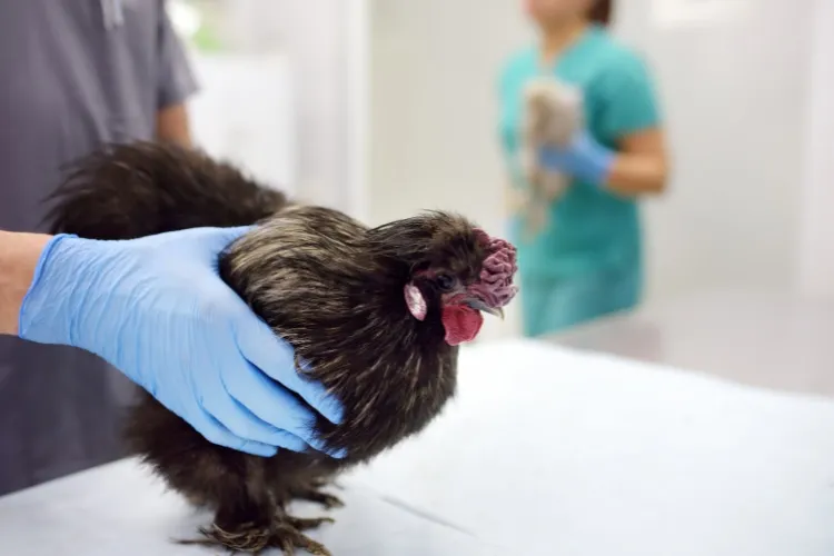 Veterinário segurando galinha marrom