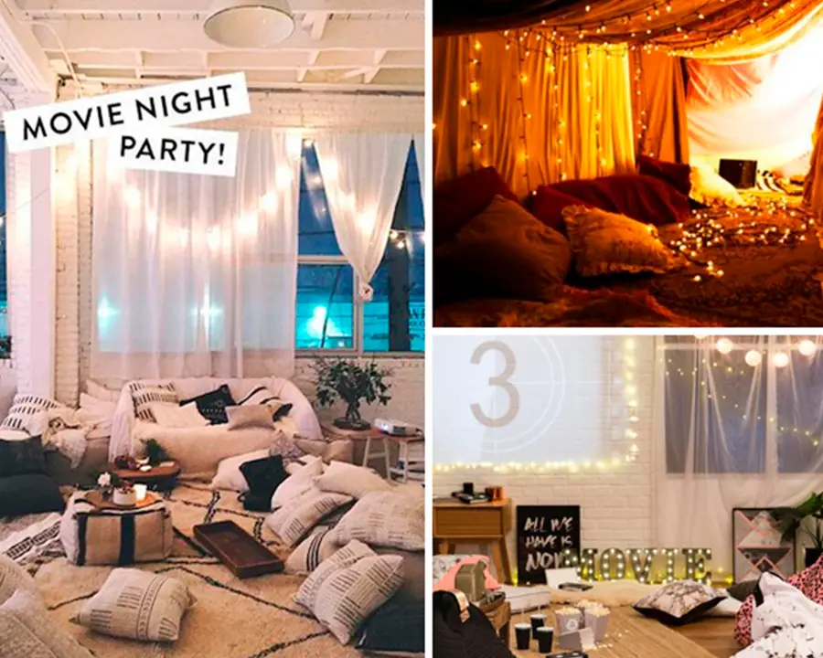 3 Fotos de salas decoradas com luzinhas de natal e com a temática cinema