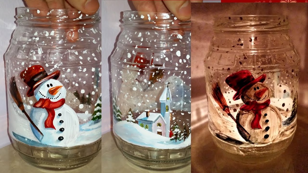 Foto de pote decorado com boneco de neve e vela dentro