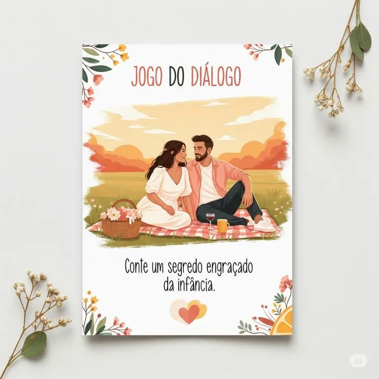 Um cartão do "Jogo do Diálogo" com a pergunta "Conte um segredo engraçado da infância". A ilustração mostra um casal sentado em um piquenique ao ar livre, com uma cesta e bebidas, em um cenário de pôr do sol vibrante e detalhes florais.