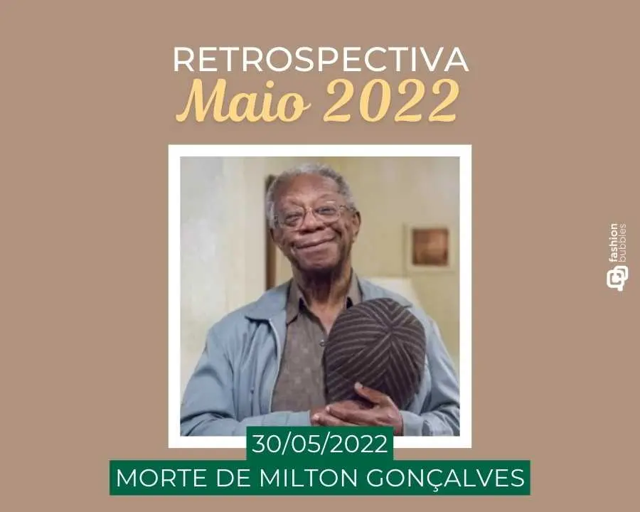 Imagem com fundo marron, escrito de branco e amarelo "Retrospectiva maio 2022 - 30/05/2022 - Morte de Milton Gonçalves". No centro, foto do ator.