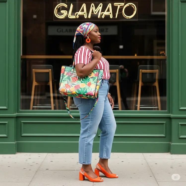 Uma mulher sorri, vista de perfil, em frente a uma loja chamada "GLAMATO". Ela usa uma blusa listrada, jeans, um turbante colorido e sapatos peep toe alaranjados, combinando com os brincos, enquanto carrega uma bolsa estampada.







