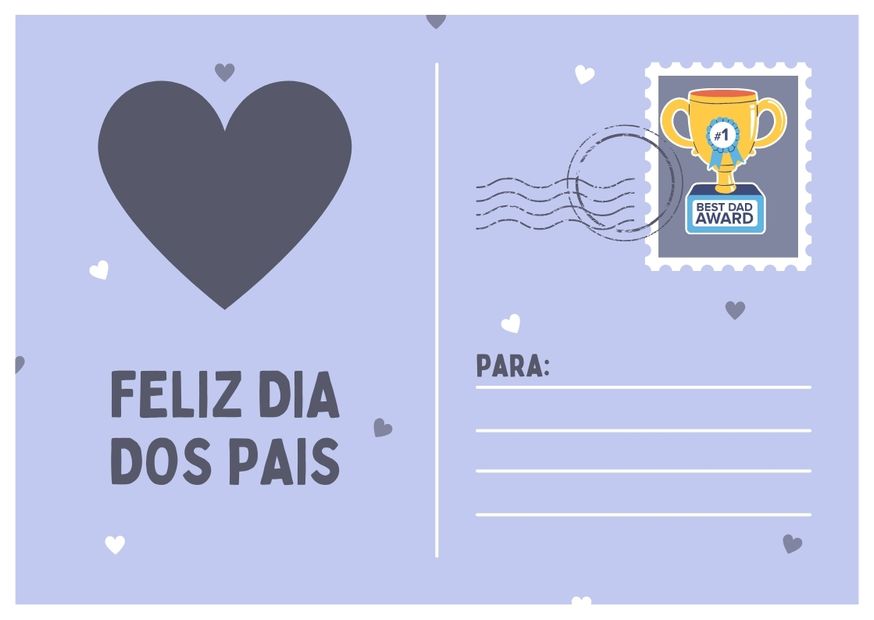 cartão para dia dos pais com fundo azul, coração, selo, frase "feliz dia dos pais" e linhas para escrever mensagem
