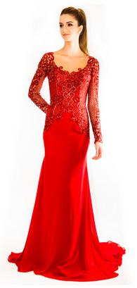 00Marcelo Quadros Vestido de festa vermelho manga longa
