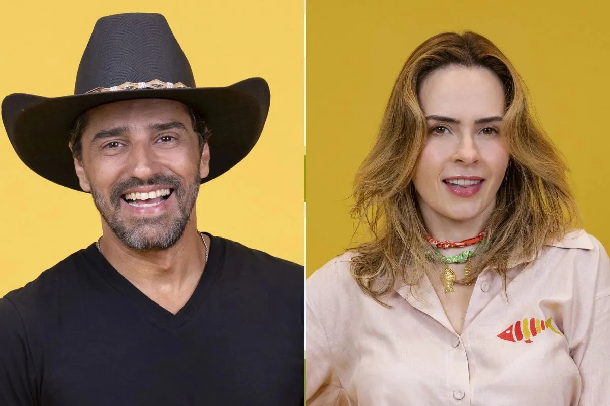 Alberto Cowboy e Solange Couto posam para foto oficial do BBB 26, integrantes dos grupos Veteranos e Camarote, em fundo amarelo do reality.