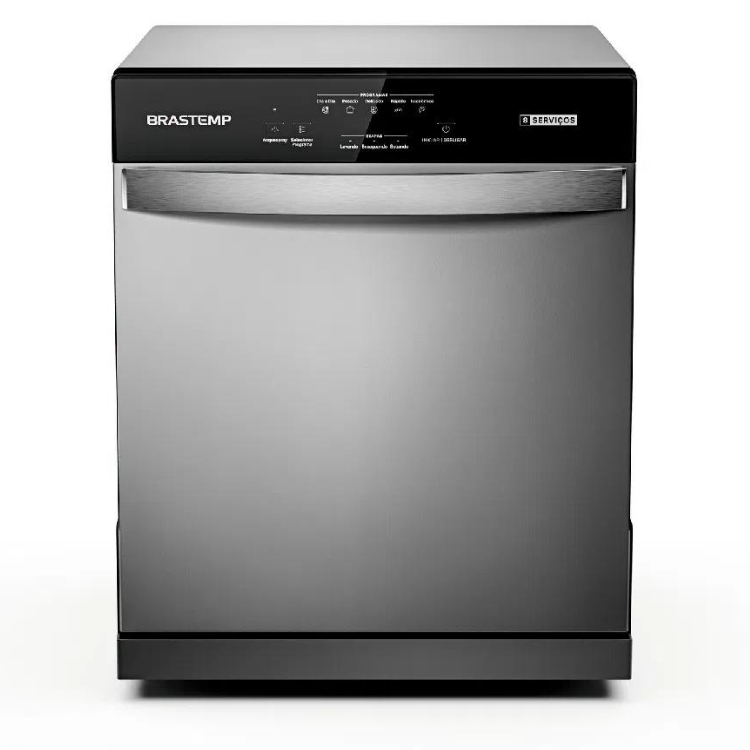 Lava-louças cinza Brastemp com puxador inox e painel preto