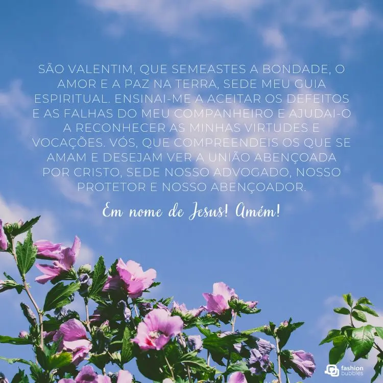 A imagem apresenta um céu azul com nuvens suaves, flores rosadas em destaque na parte inferior e um texto religioso ao centro, invocando São Valentim em oração com pedidos de amor, paz e proteção espiritual.