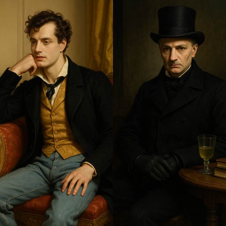 Dois homens retratados em estilos contrastantes de dandismo: um jovem com colete dourado, traje descontraído e expressão contemplativa; outro, sério e imponente, veste terno preto e cartola, segurando luvas ao lado de uma taça sobre a mesa.