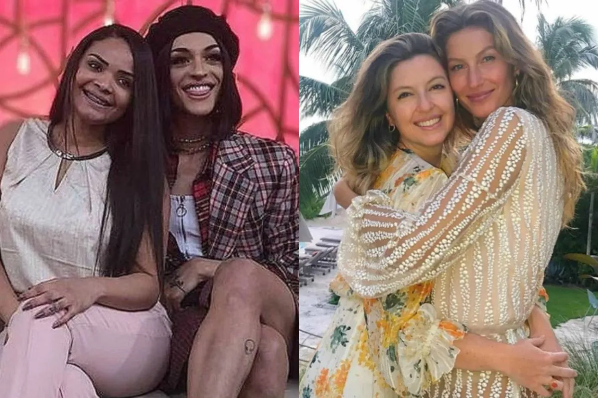 Montagem com duas fotos sendo uma delas das irmãs gêmeas Pabllo Vittar e Phamella Rodrigues e outra da modelo Gisele Bündchen e sua irmã Patricia Bündchen.