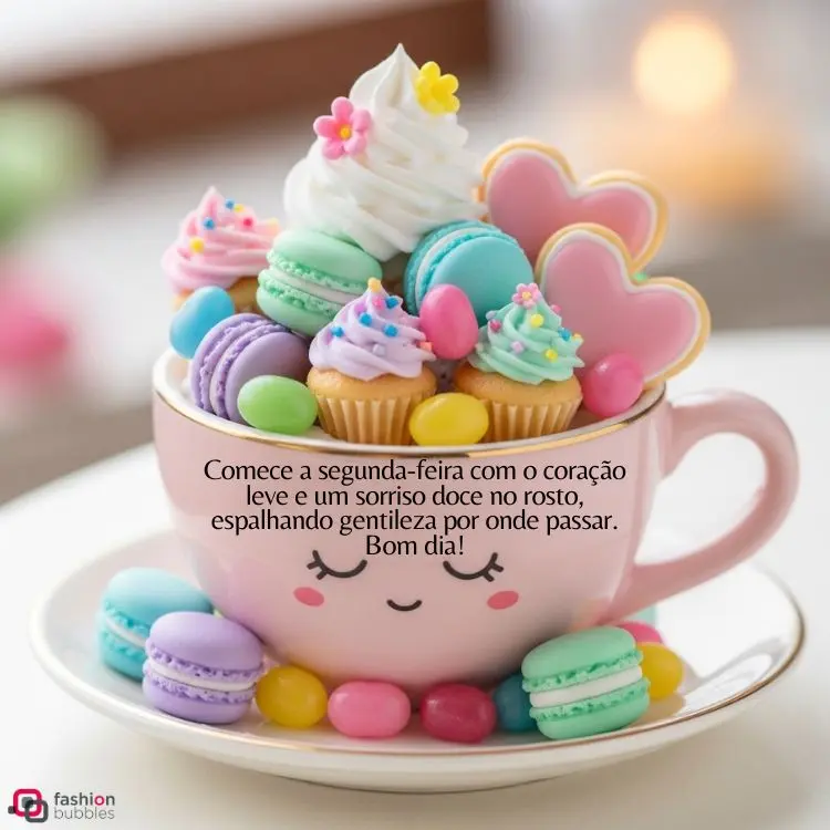 A imagem apresenta uma caneca rosa com carinha feliz cheia de doces coloridos: macarons, cupcakes com glacê e balas. Ao redor da caneca, há mais macarons e balas. A mensagem na caneca diz: "Comece a segunda-feira com o coração leve e um sorriso doce no rosto, espalhando gentileza por onde passar. Bom dia!".







