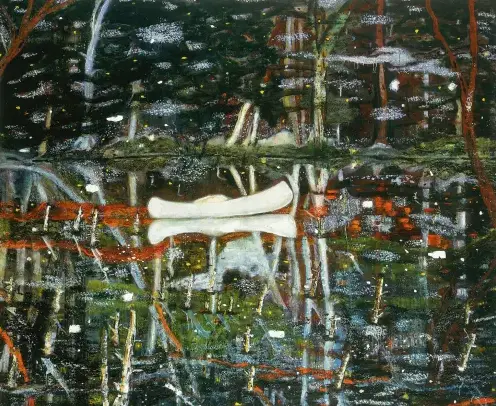 Quadro Canoa branca do artista Peter Doig, colaborador da Dior Homme inverno 21 Quadro Canoa branca do artista Peter Doig, colaborador da Dior Homme inverno 21