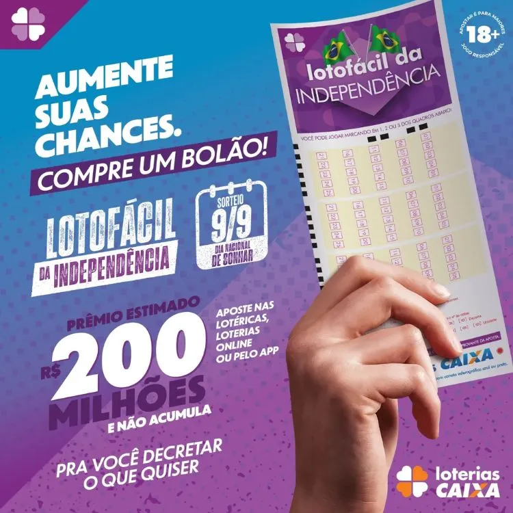 Montagem de fundo azul e roxo com pessoa de pele morena segurando bilhete da Lotofácil da Independência, com informações sugerindo fazer bolão, valor do prêmio e data do sorteio 