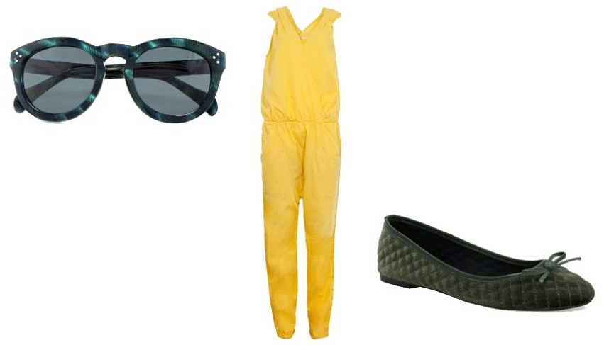 Looks para torcer pelo Brasil – Macacão amarelo, óculos e sapatilha verdes.