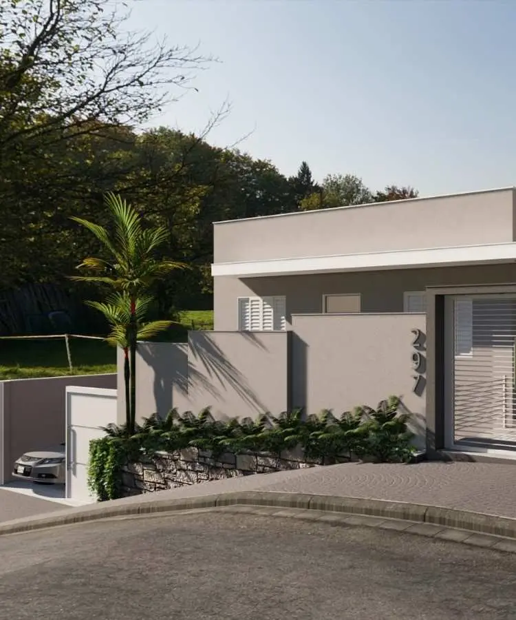 Fachada de casa térrea com design minimalista em tons cinza. Muro frontal com acabamento liso, número "297" em destaque. Paisagismo com pedras e plantas verdes. Porta de entrada com vidros e garagem ao fundo com carro estacionado. Vegetação rodeando.