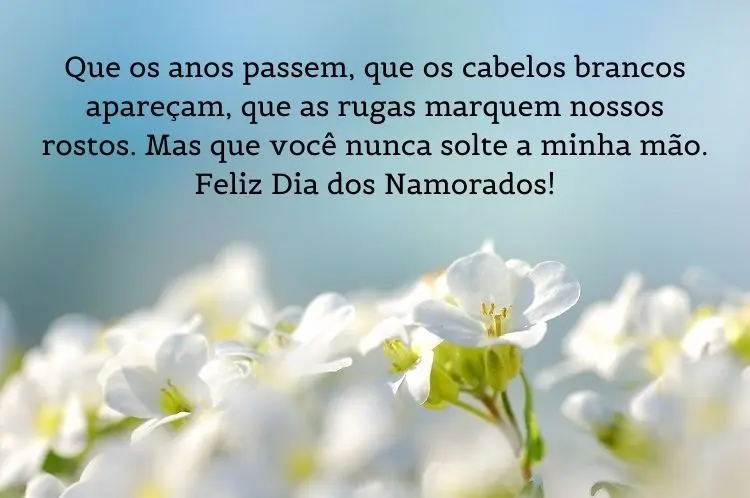 Foto de flores brancas e frase "Que os anos passem, que os cabelos brancos apareçam, que as rugas marquem nossos rostos. Mas que você nunca solte a minha mão. Feliz Dia dos Namorados!"