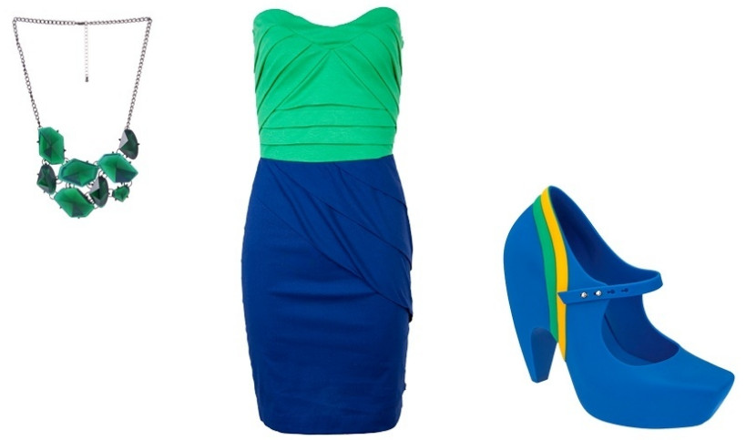 Vestido curto verde e azul, colar verde e sapato azul com detalhes verde e amarelo.