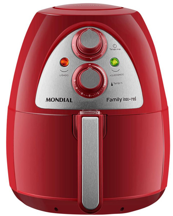 air fryer vermelha fechada e ligada