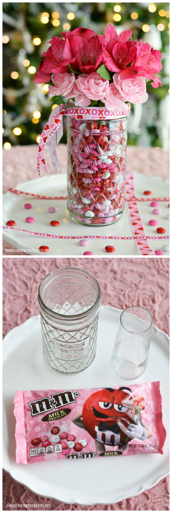 Pote de vidro com M&Ms e flores
